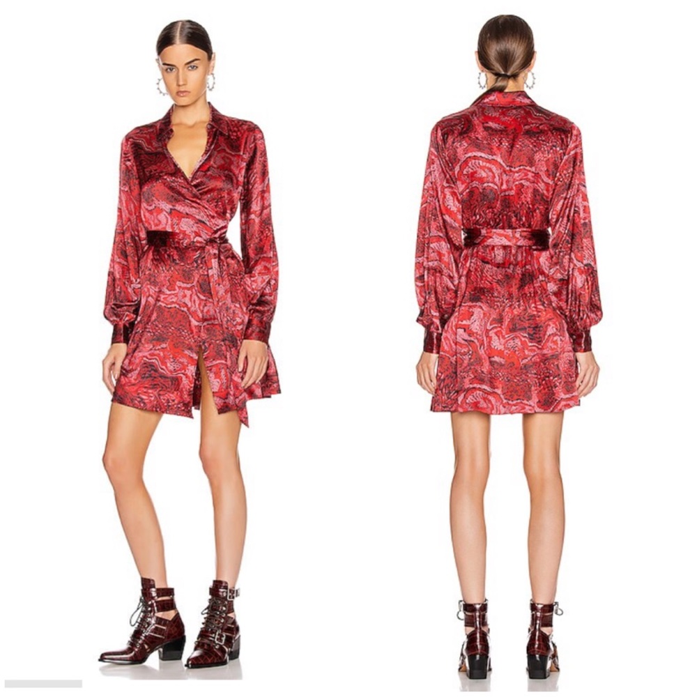 GANNI Silk Stretch Satin Mini Dress Belted Printed Wrap Size 42EU Red